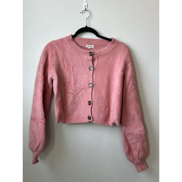 For Love &amp; Lemons Pink Fuzzy Button Cardigan Whitney Cropped, Romantic, SZ L EUC