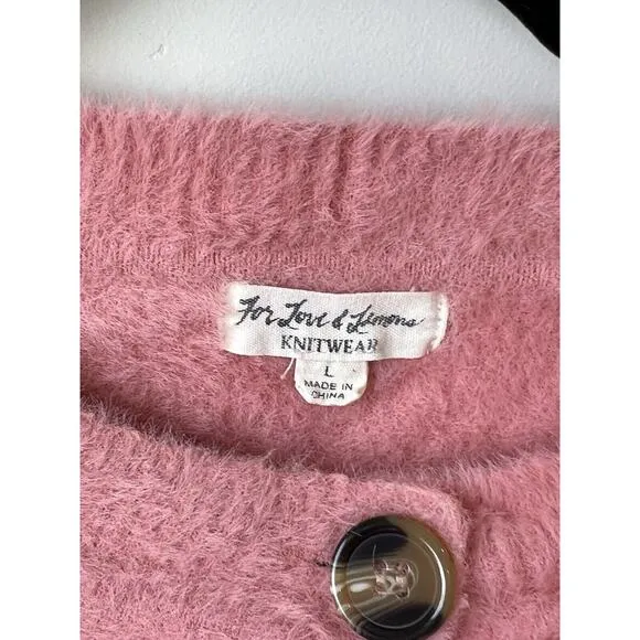 For Love &amp; Lemons Pink Fuzzy Button Cardigan Whitney Cropped, Romantic, SZ L EUC