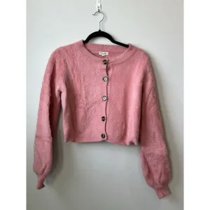 For Love &amp; Lemons Pink Fuzzy Button Cardigan Whitney Cropped, Romantic, SZ L EUC