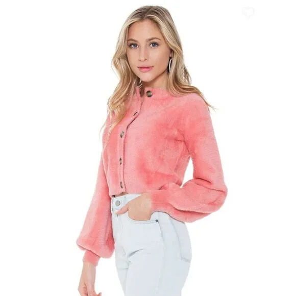 For Love &amp; Lemons Pink Fuzzy Button Cardigan Whitney Cropped, Romantic, SZ L EUC