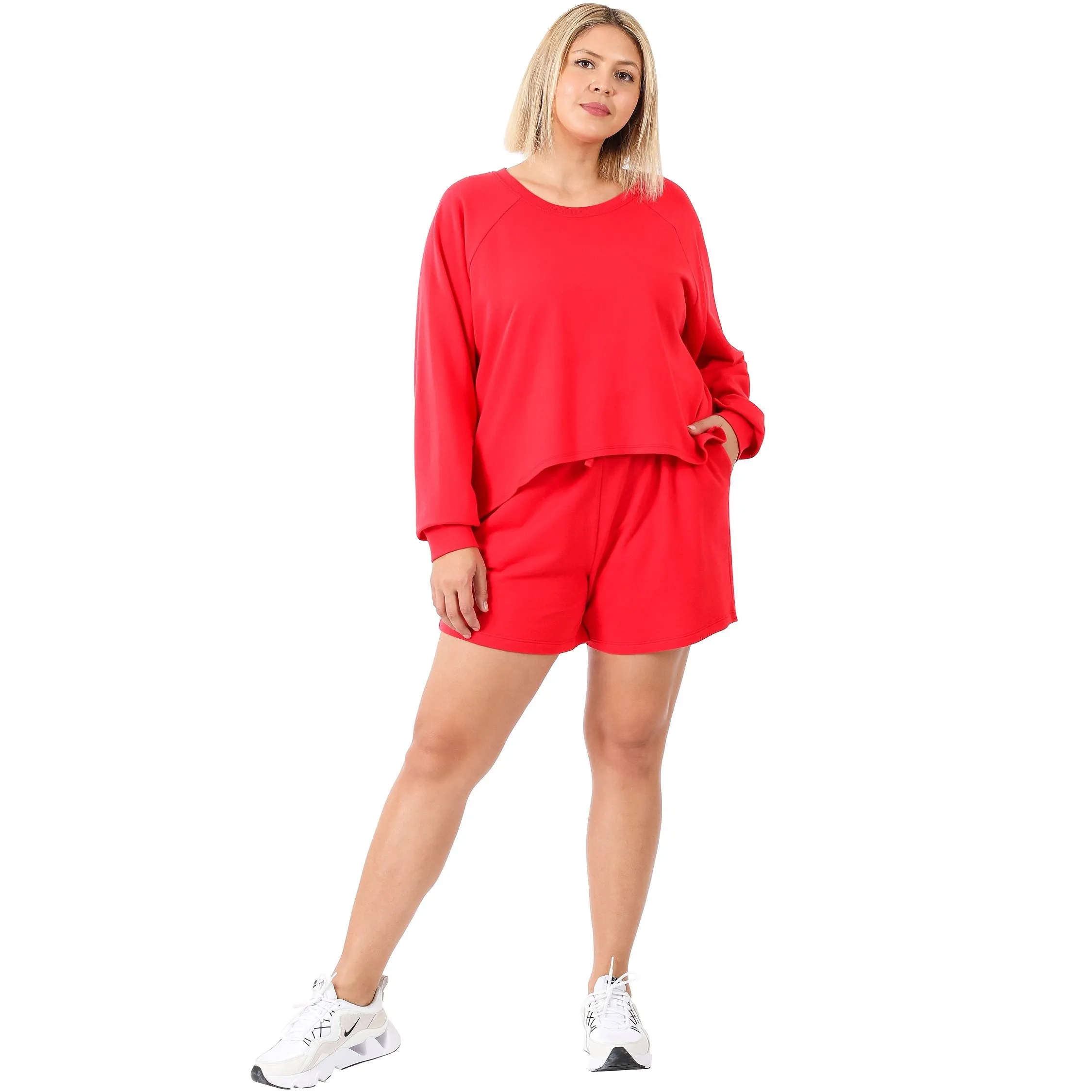 French Terry Sweatshirt & Shorts Lounge Set in Red