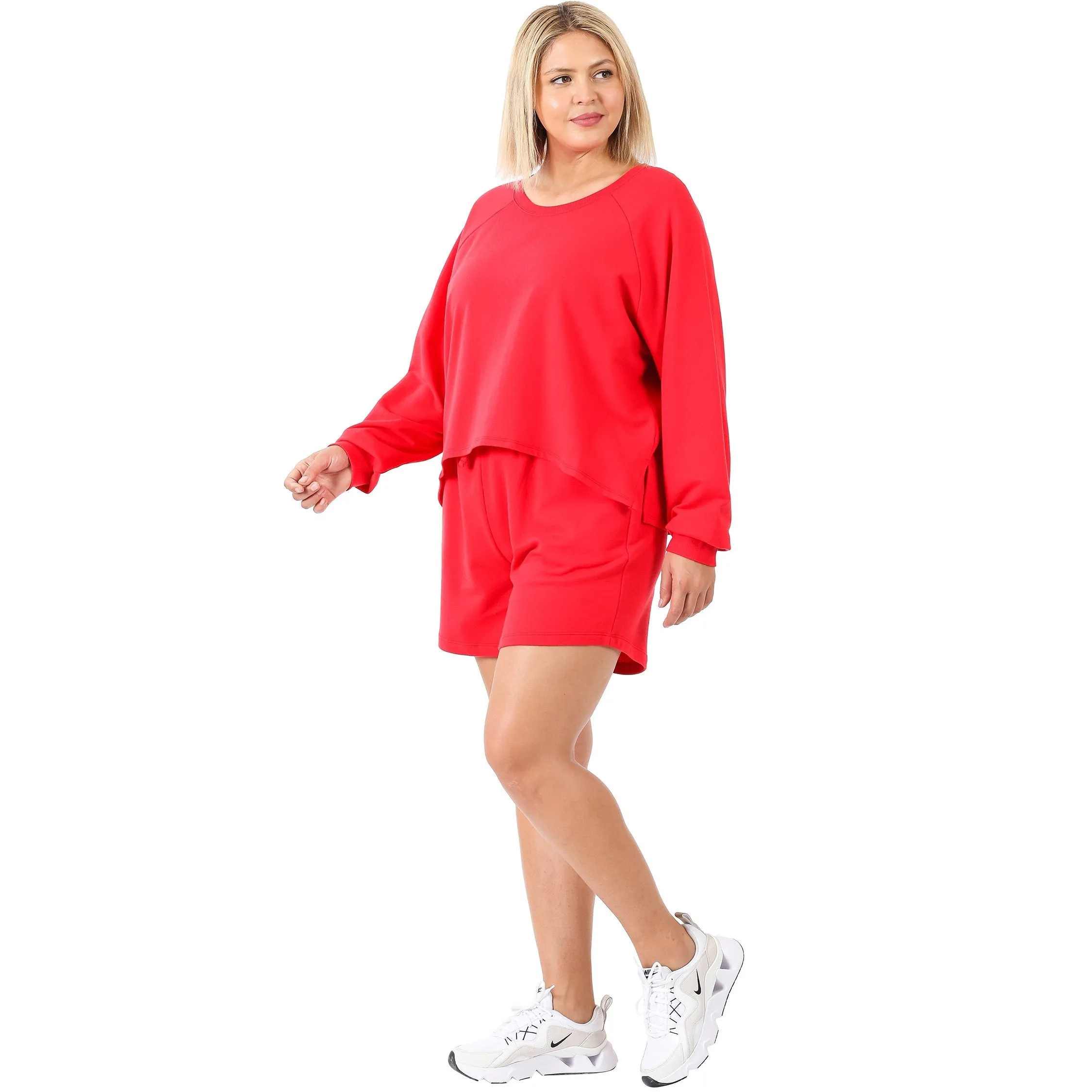 French Terry Sweatshirt & Shorts Lounge Set in Red