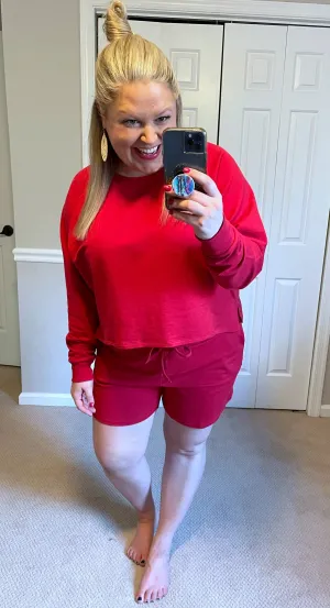 French Terry Sweatshirt & Shorts Lounge Set in Red