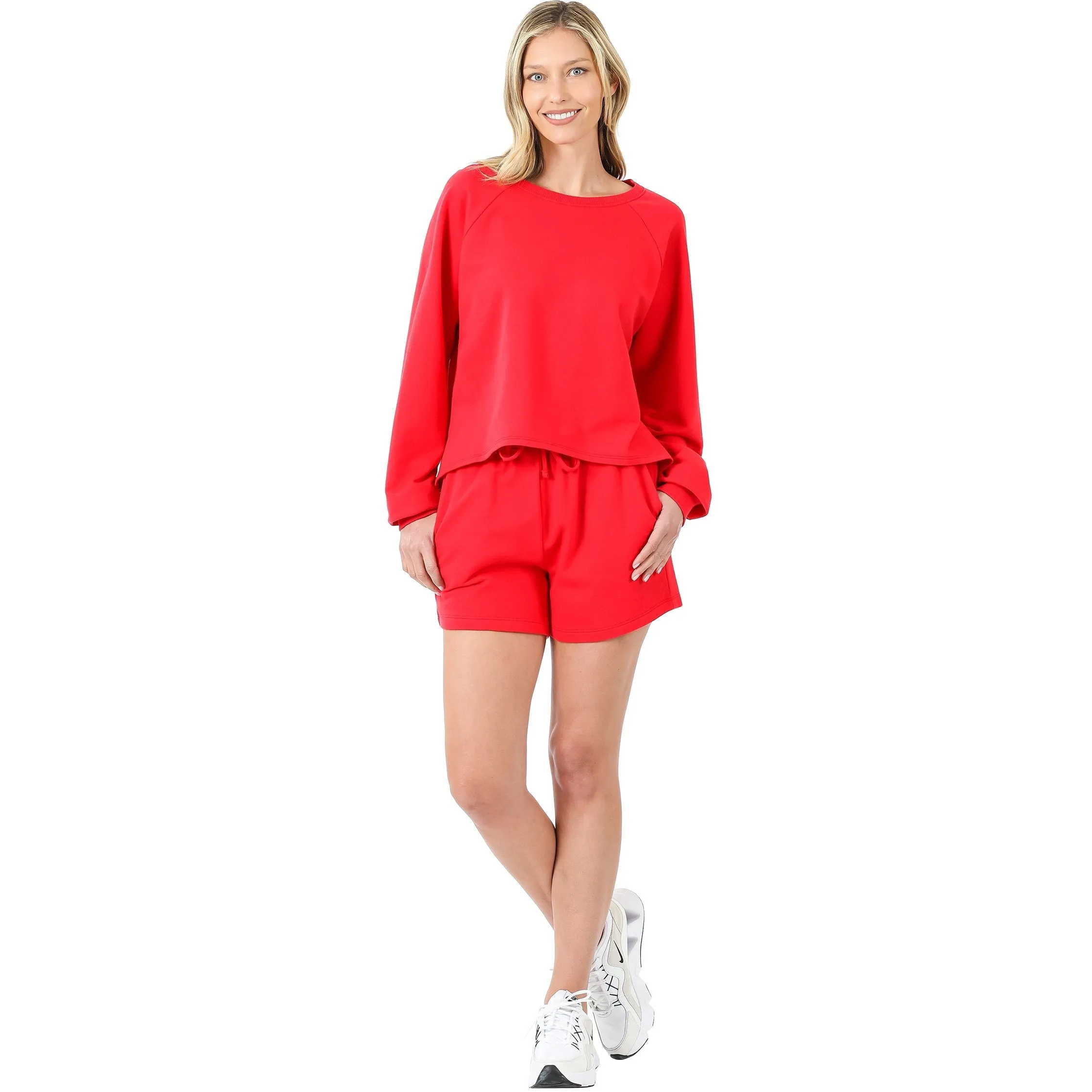 French Terry Sweatshirt & Shorts Lounge Set in Red