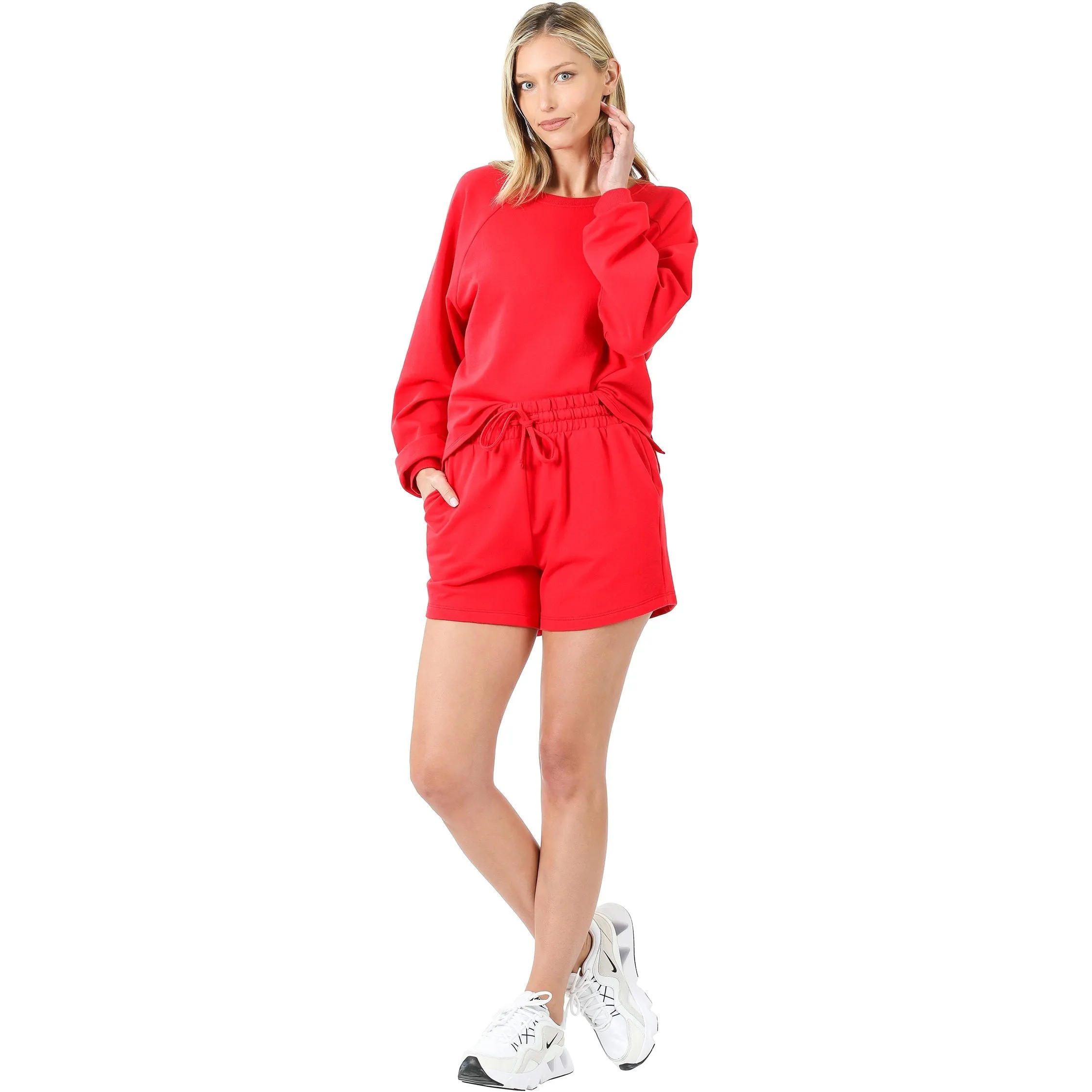 French Terry Sweatshirt & Shorts Lounge Set in Red