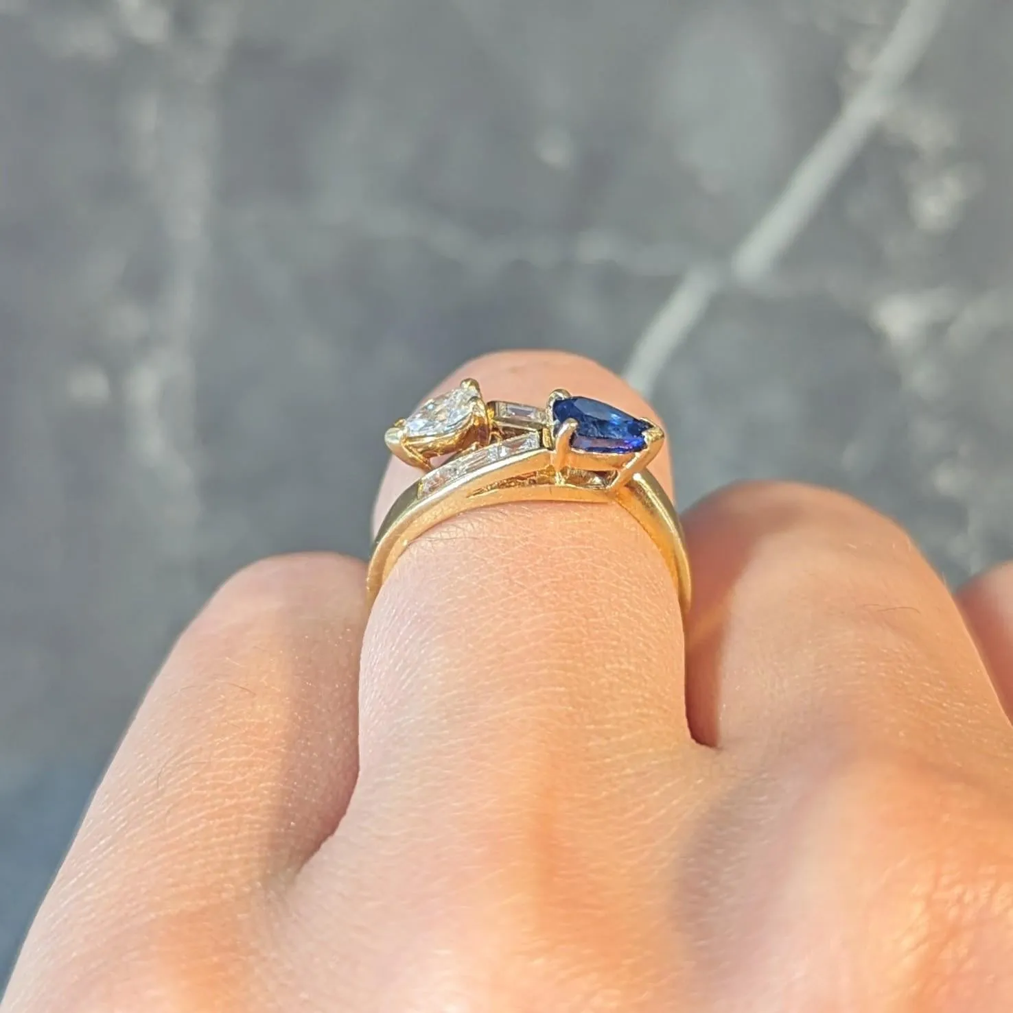 French Vintage Pear Cut 1.47 CTW Diamond Sapphire Bypass Channel Ring
