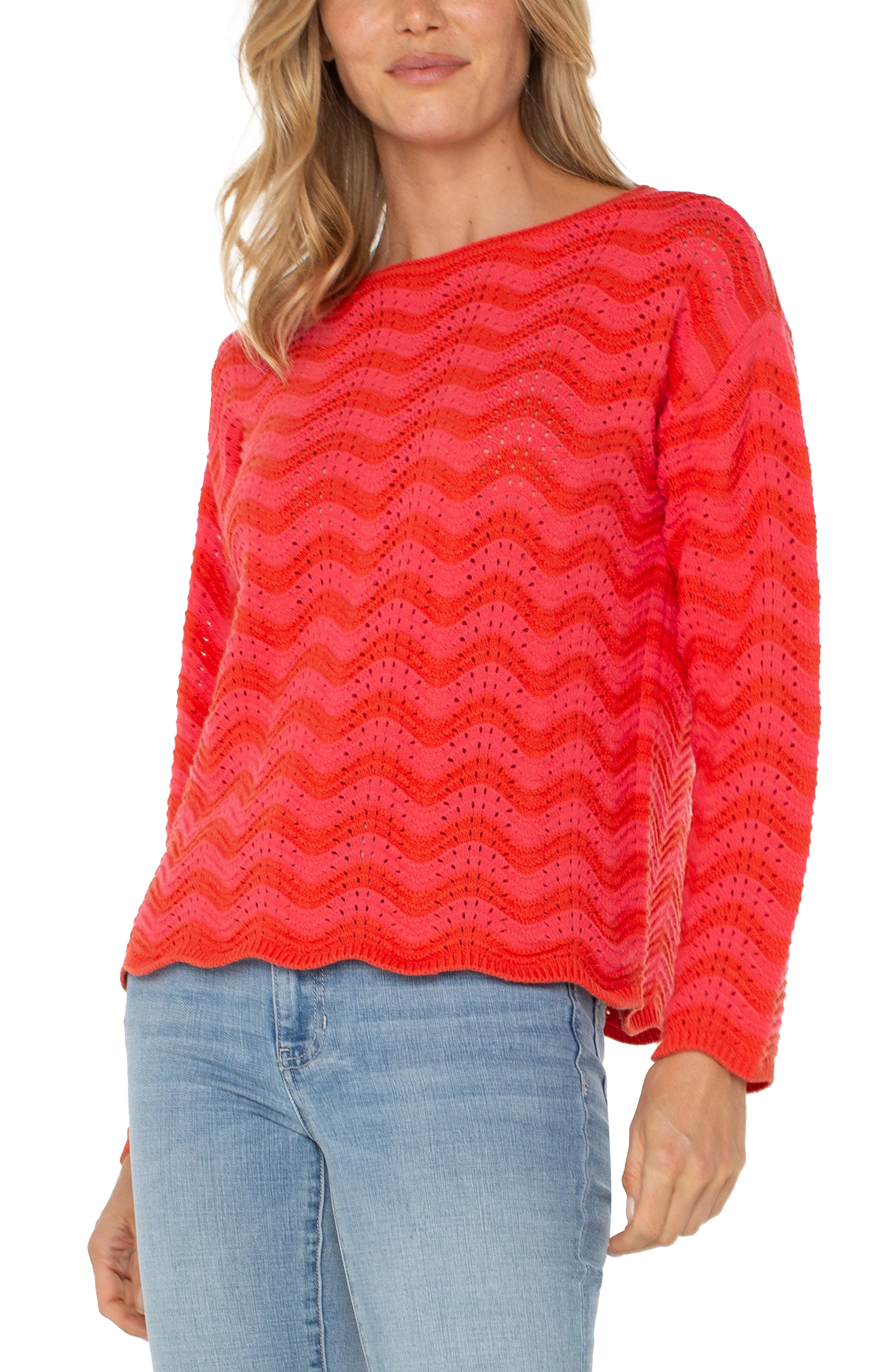 Geranium Stripe Scallop Hem Sweater