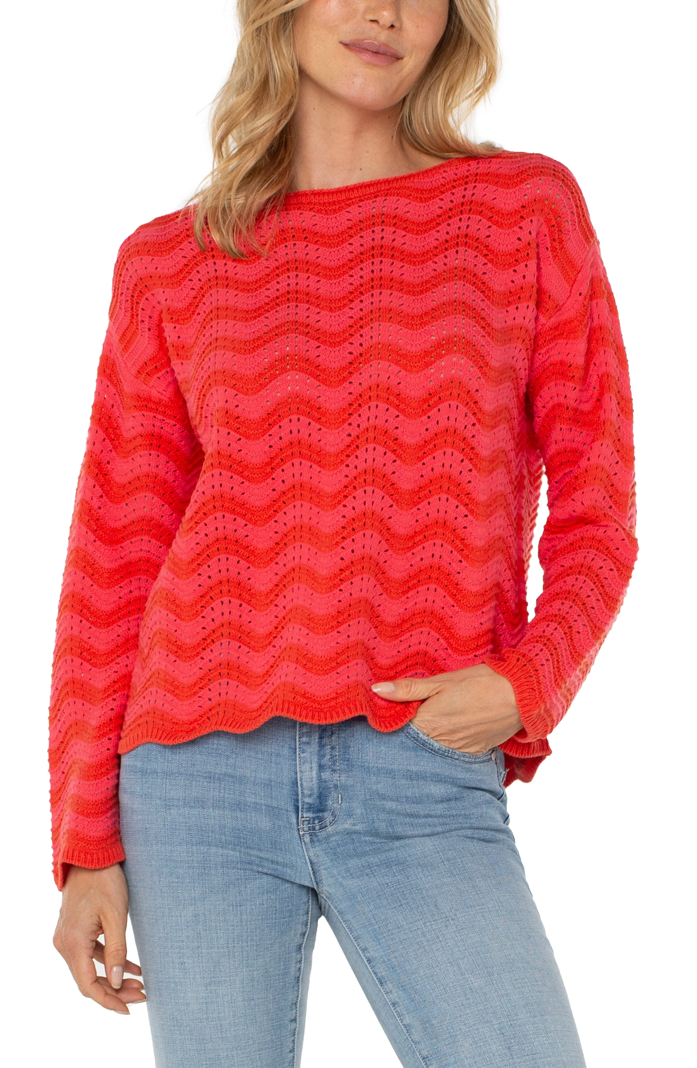 Geranium Stripe Scallop Hem Sweater