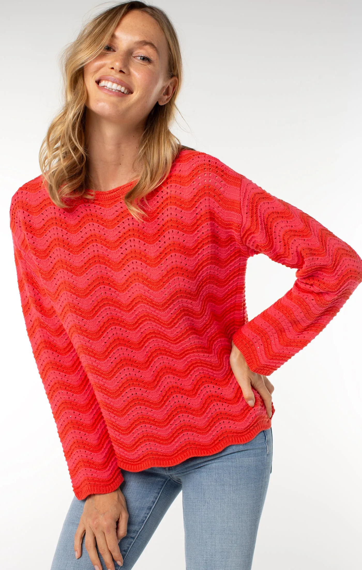 Geranium Stripe Scallop Hem Sweater