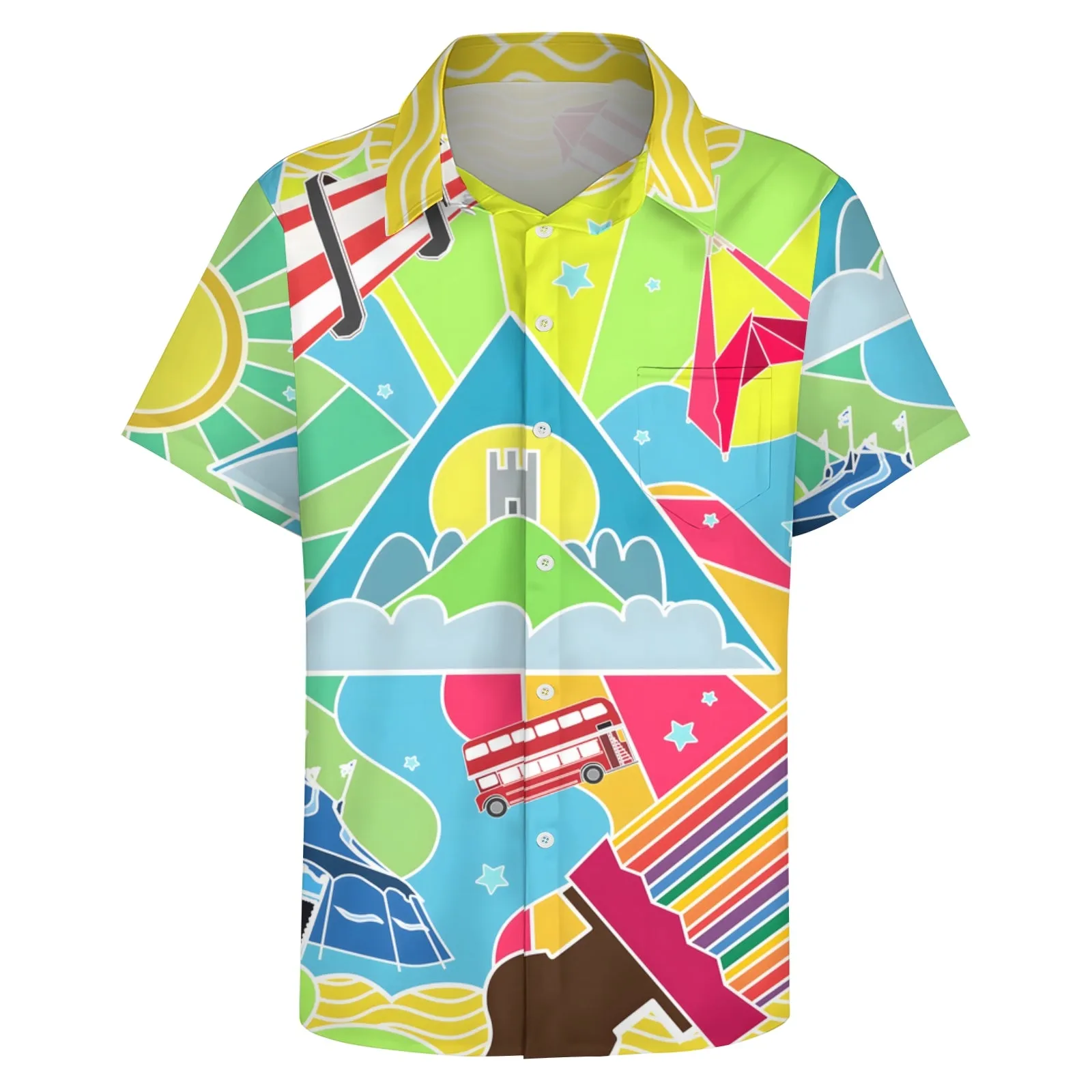 Glastonbury Festival Inspired Art Print Casual Short Sleeve Shirt 2404000918