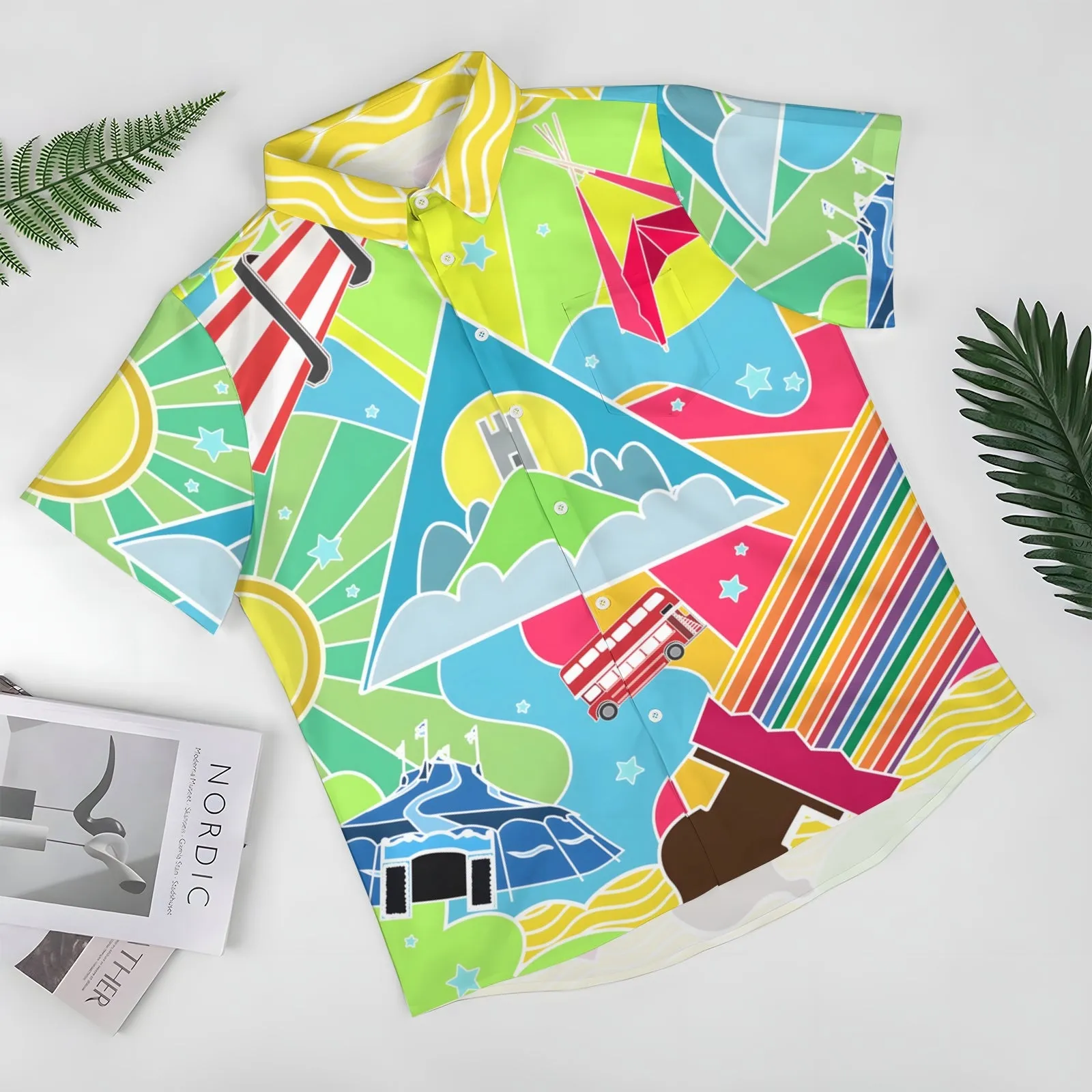 Glastonbury Festival Inspired Art Print Casual Short Sleeve Shirt 2404000918