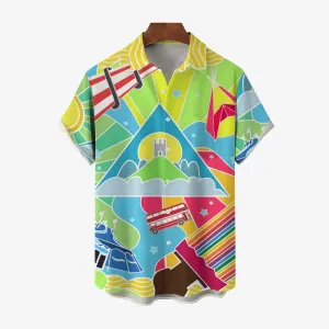 Glastonbury Festival Inspired Art Print Casual Short Sleeve Shirt 2404000918
