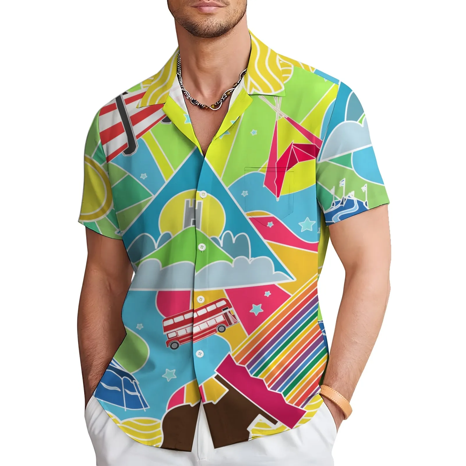 Glastonbury Festival Inspired Art Print Casual Short Sleeve Shirt 2404000918