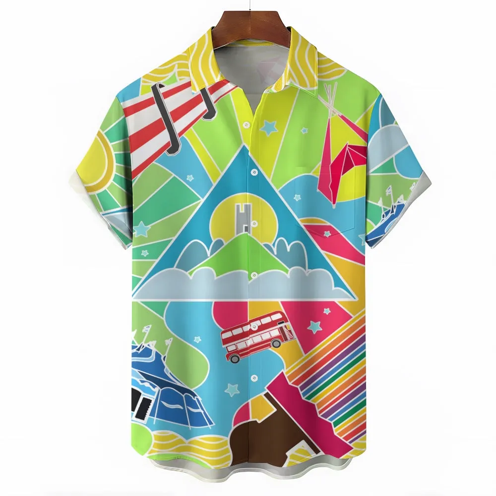 Glastonbury Festival Inspired Art Print Casual Short Sleeve Shirt 2404000918
