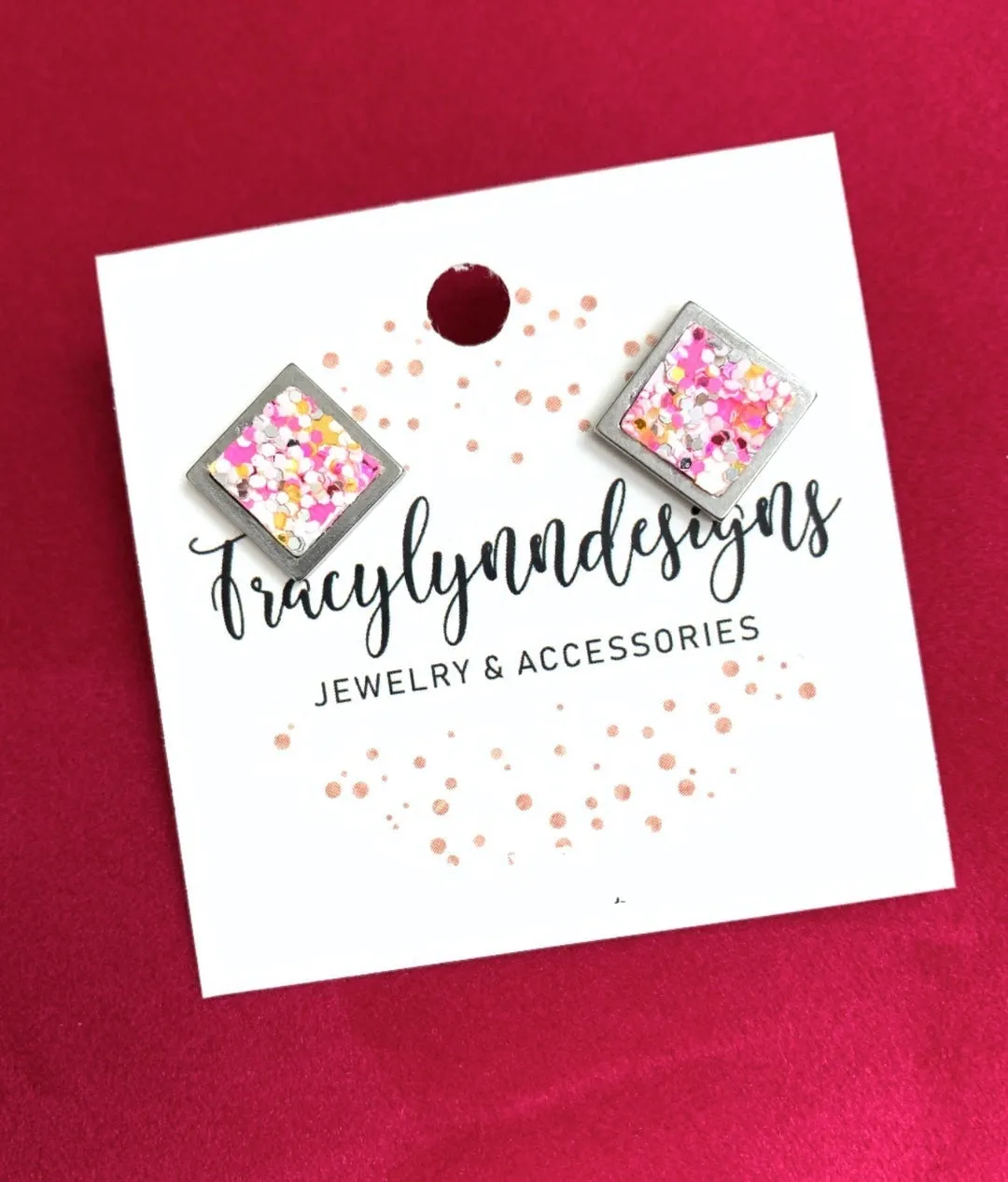 Glitter Square Stud Earrings in Pink Multi