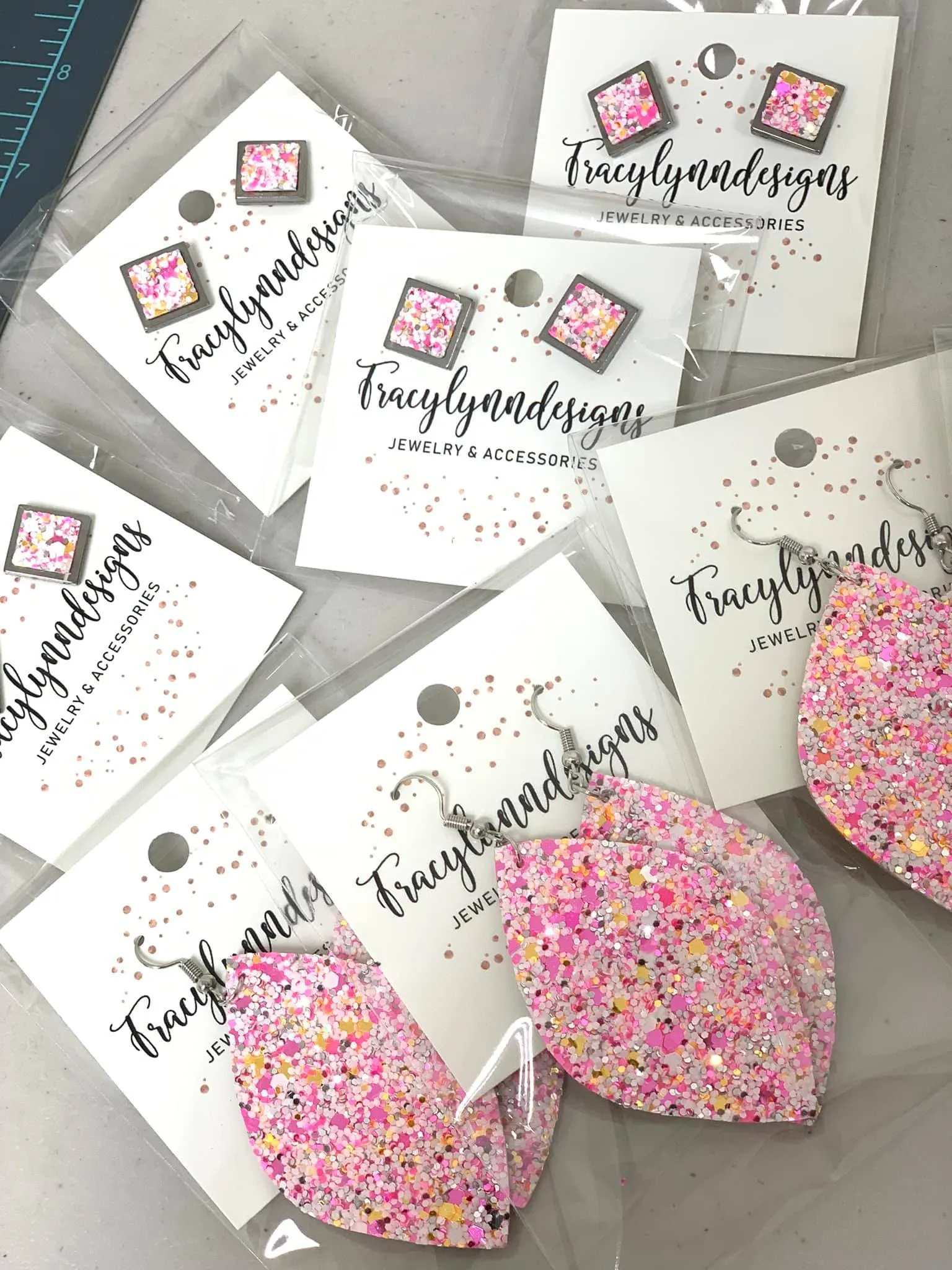 Glitter Square Stud Earrings in Pink Multi