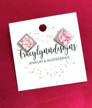 Glitter Square Stud Earrings in Pink Multi