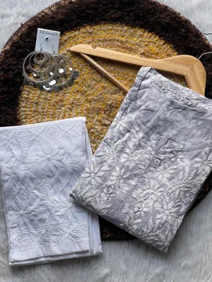 Grey Chikankari cotton Kurti With Pant In Mul Mul Cotton
