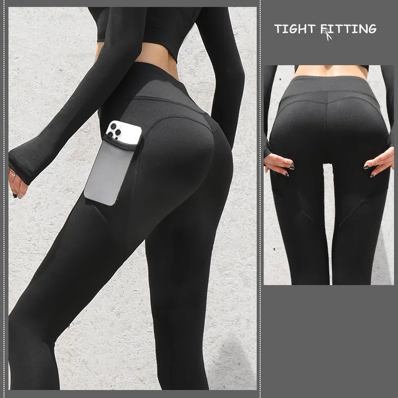 Gym leggings för kvinnor med fickor och sömlös design