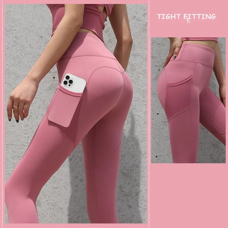 Gym leggings för kvinnor med fickor och sömlös design