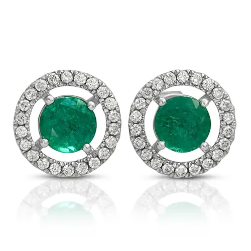 Halo Style Emerald Gemstone with Round Pave Set Diamonds in 14k White Gold