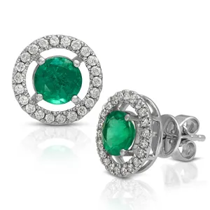 Halo Style Emerald Gemstone with Round Pave Set Diamonds in 14k White Gold