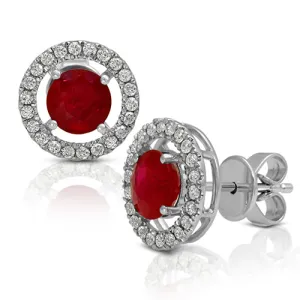 Halo Style Ruby Gemstone with Round Pave Set Diamonds in 14k White Gold