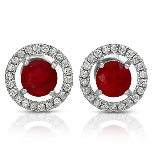 Halo Style Ruby Gemstone with Round Pave Set Diamonds in 14k White Gold