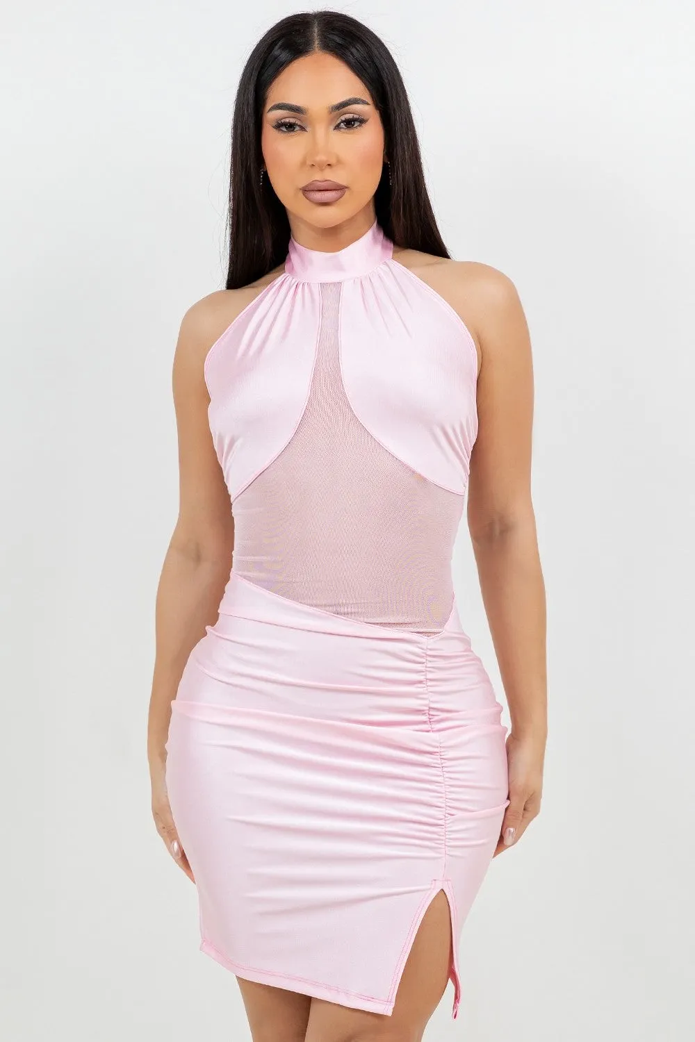 Halter Scuba Mini Dress – Mesh Contrast Bodycon