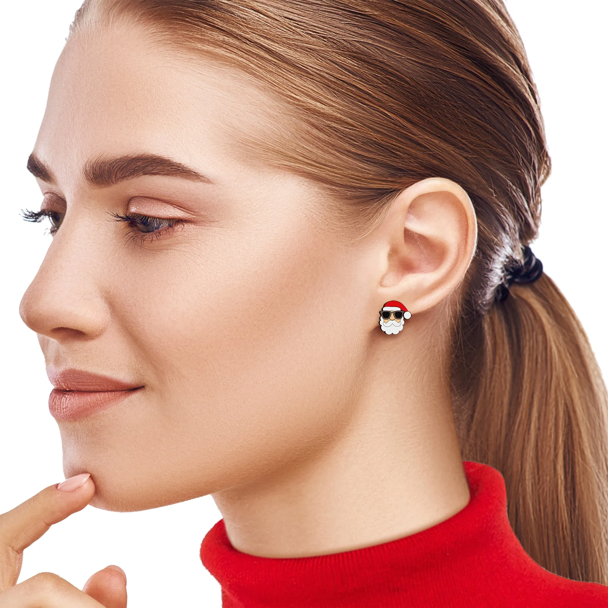 Handmade Wooden Santa Claus Holiday Christmas Stud Earrings