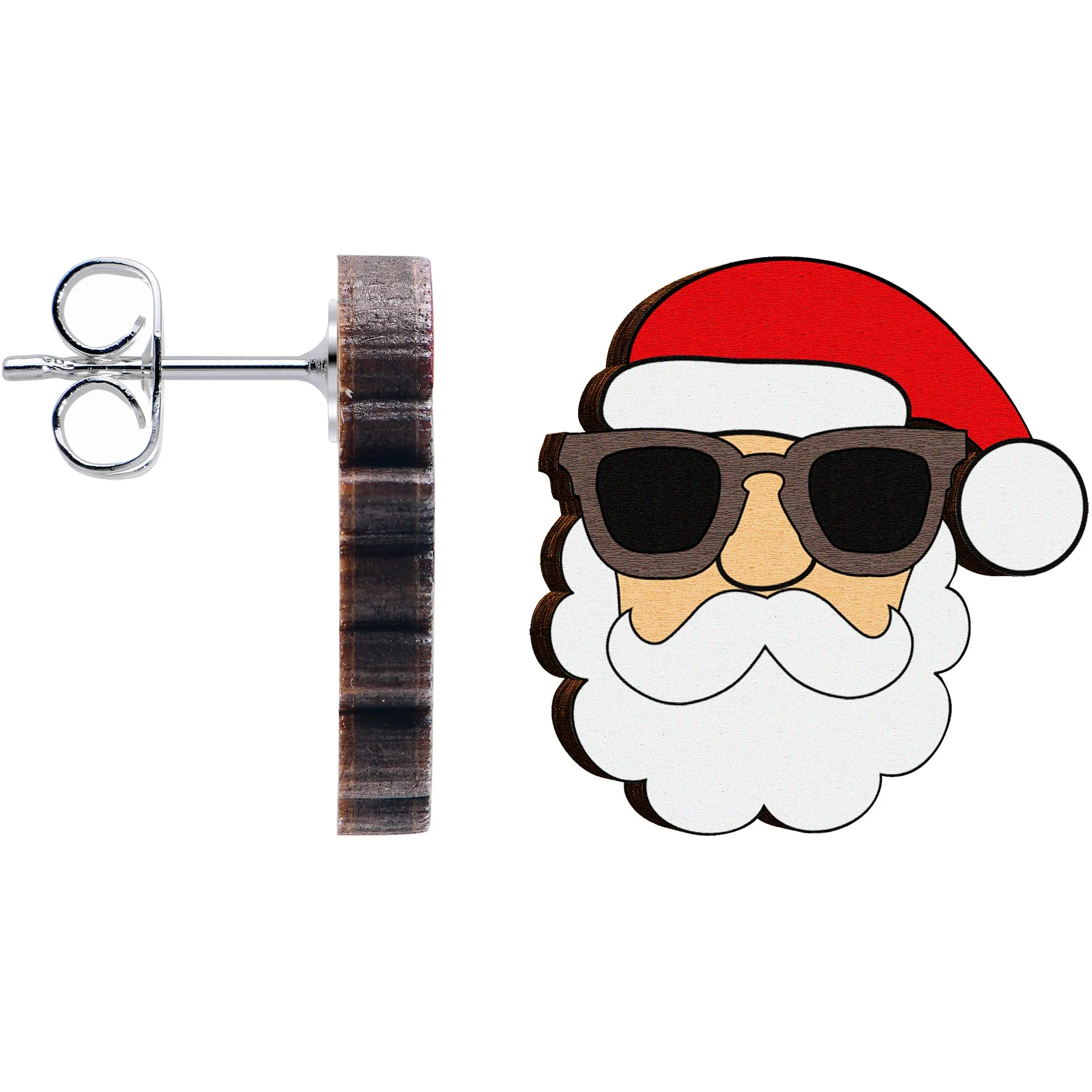 Handmade Wooden Santa Claus Holiday Christmas Stud Earrings