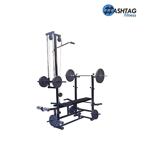 Hashtag Fitness 20 In 1 Home Gym Equipment 60 Kg With Preacher Flat Bench Home Gym Set, Black (PVC)