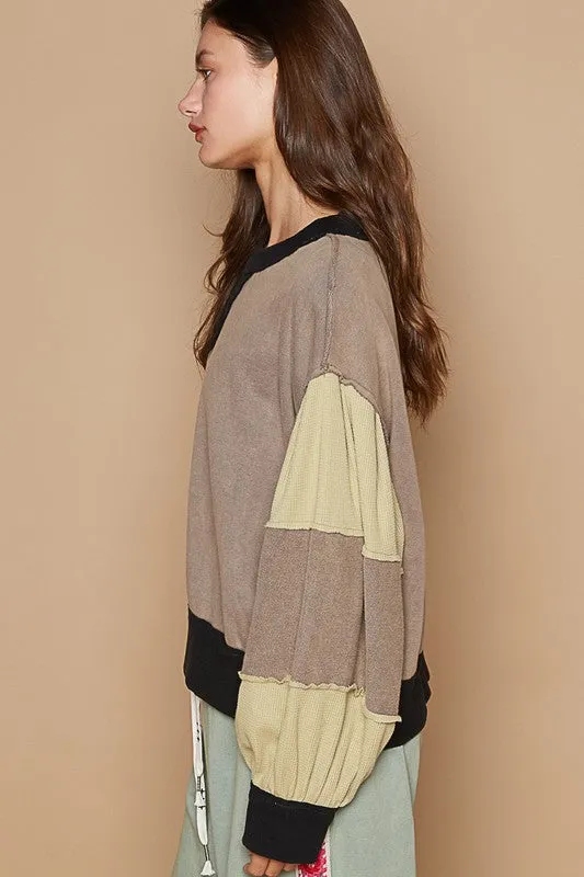 Hazel Blues® |  POL Waffle-Knit Detail Color Block Round Neck Sweatshirt