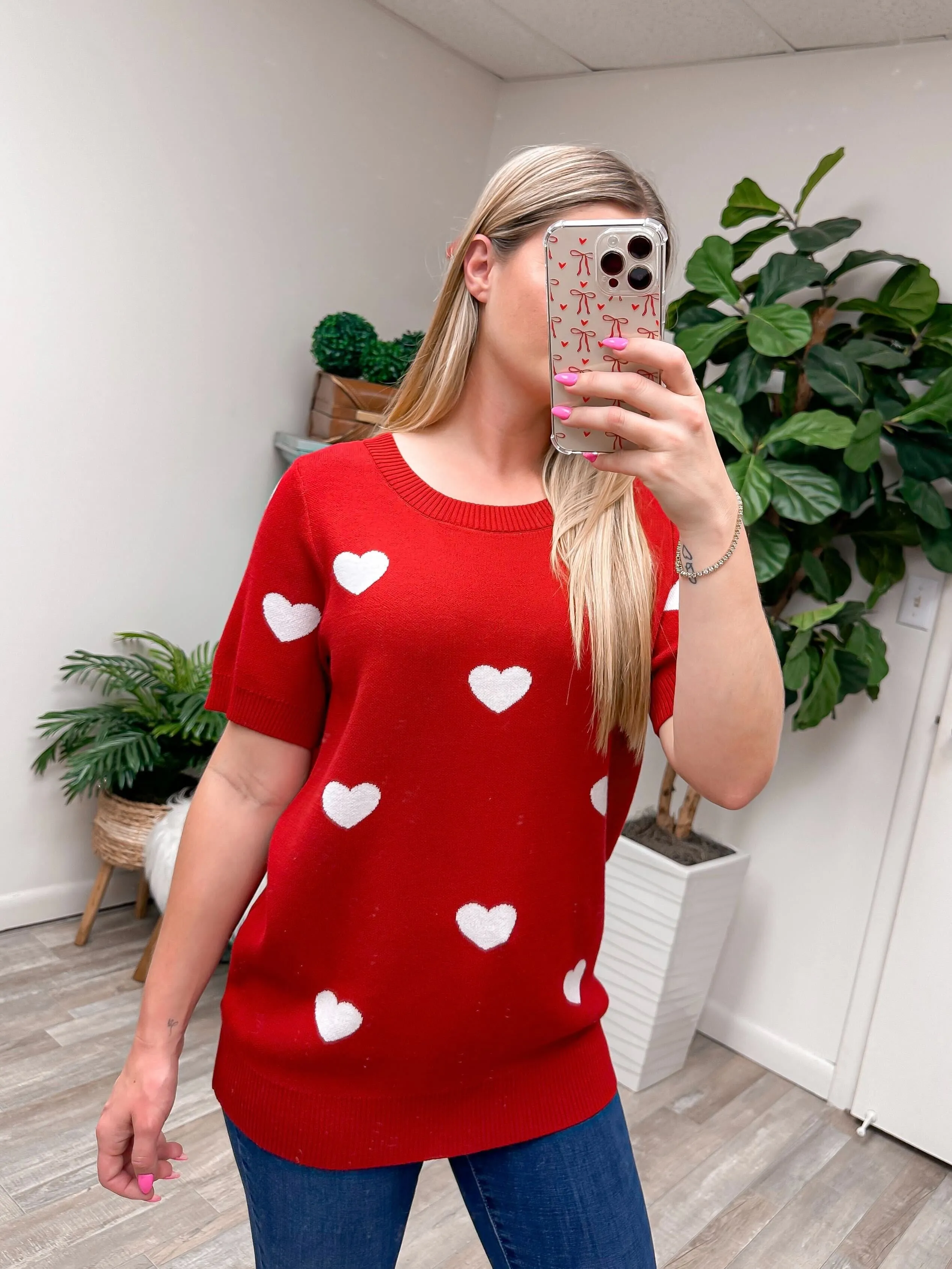 Heart Pattern Short Sleeve Sweater - Red & Ivory by Sew In Love