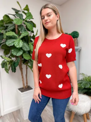 Heart Pattern Short Sleeve Sweater - Red & Ivory by Sew In Love