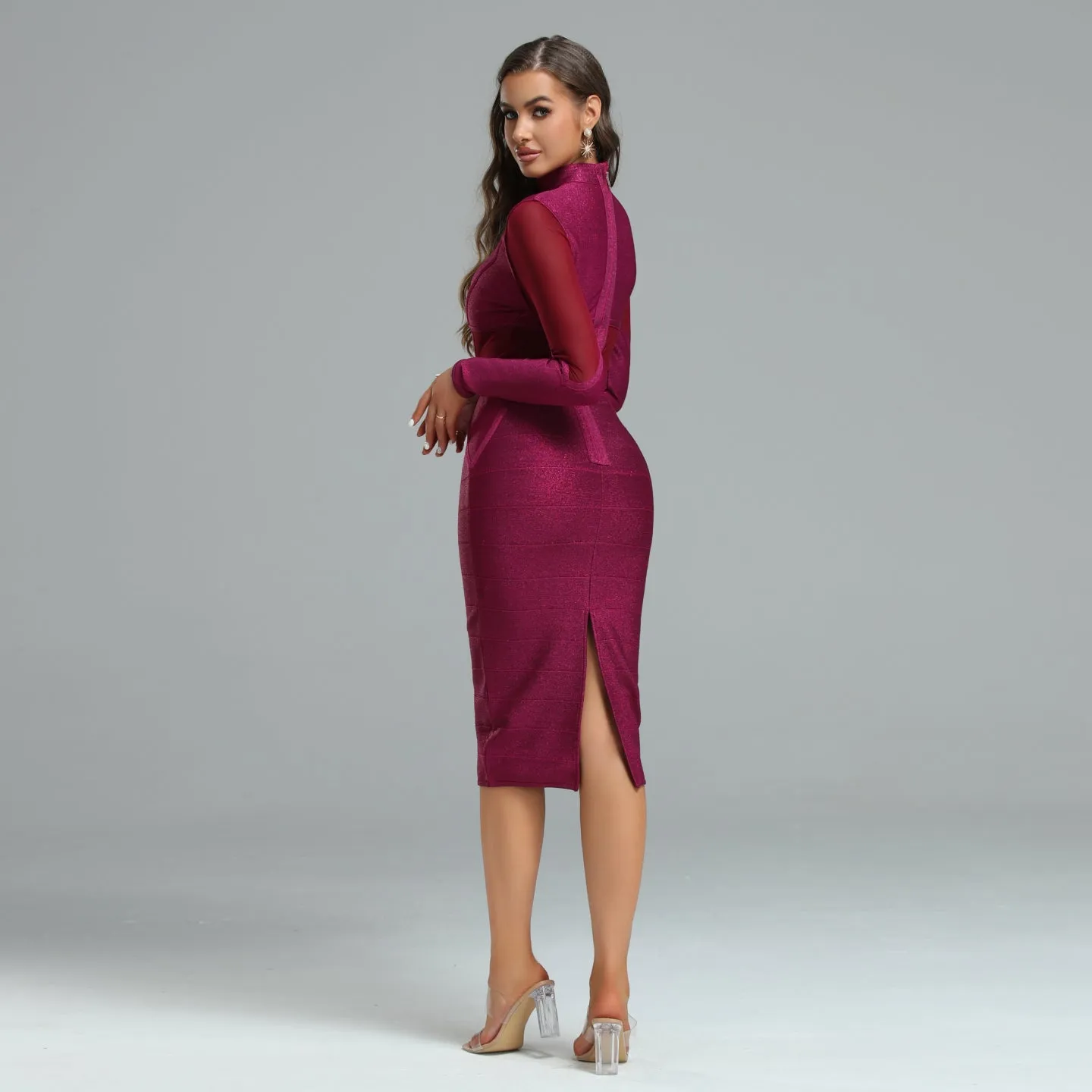 High-Neck Gold Dust Mesh Bandage Dress