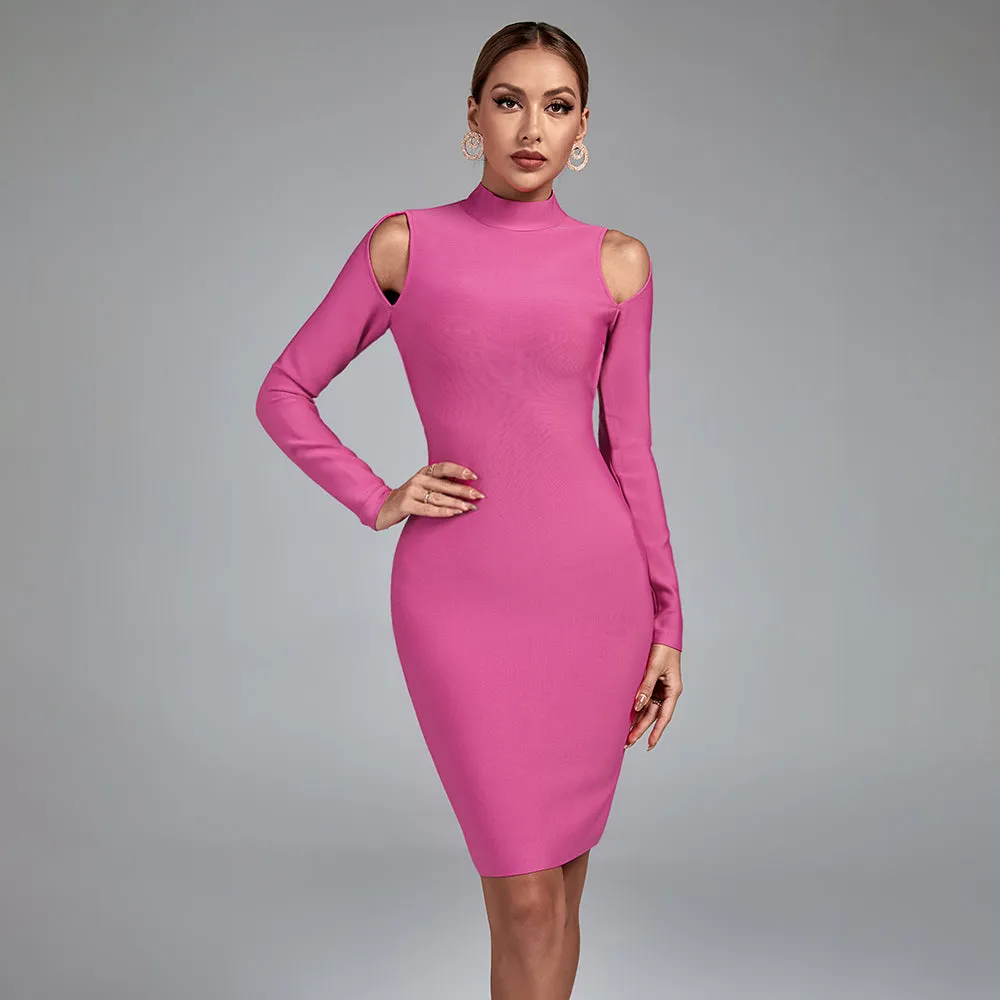 High Neck Long Sleeve Cut Out Bandage Dress