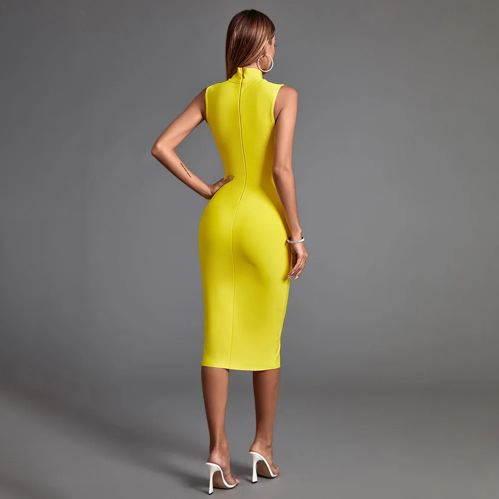 High Neck Plain Midi Bandage Dress
