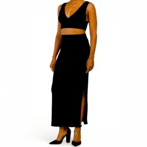 House Of Harlow Knit Midi Skirt With Leg Slits In Black
