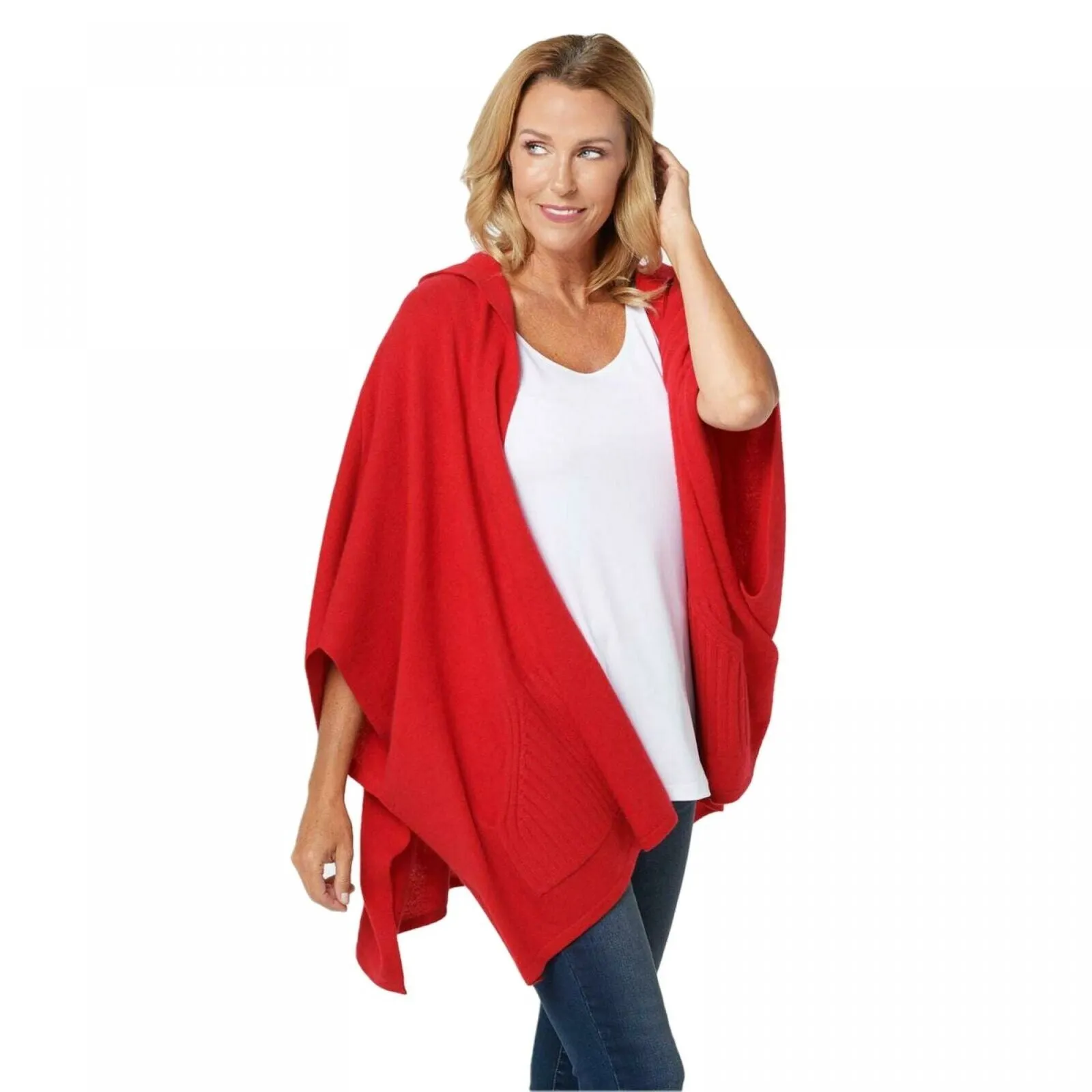 Isaac Mizrahi Live! 2-Ply Cashmere Hooded Ruana Cherry Red Plus One Size