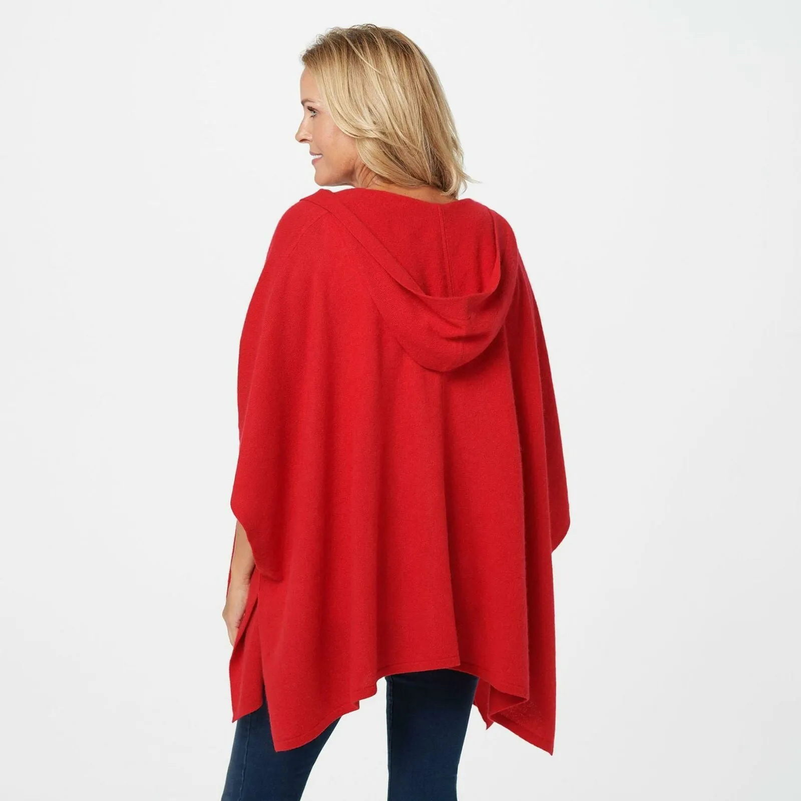 Isaac Mizrahi Live! 2-Ply Cashmere Hooded Ruana Cherry Red Plus One Size