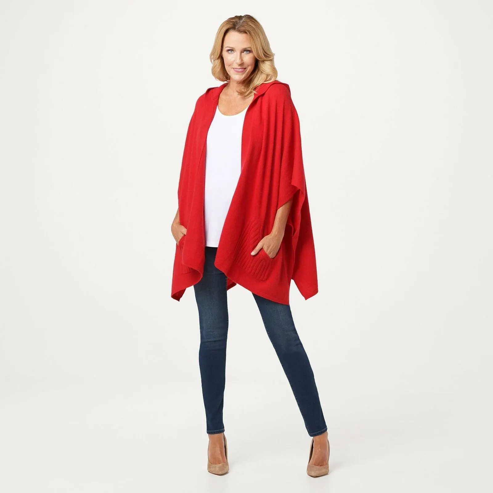 Isaac Mizrahi Live! 2-Ply Cashmere Hooded Ruana Cherry Red Plus One Size