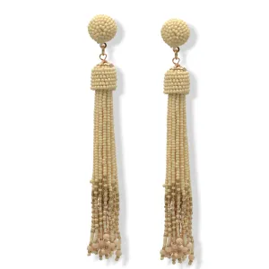 Ivory and Gold Bohemian Seed Bead Long Tassel Earrings #ER-1184