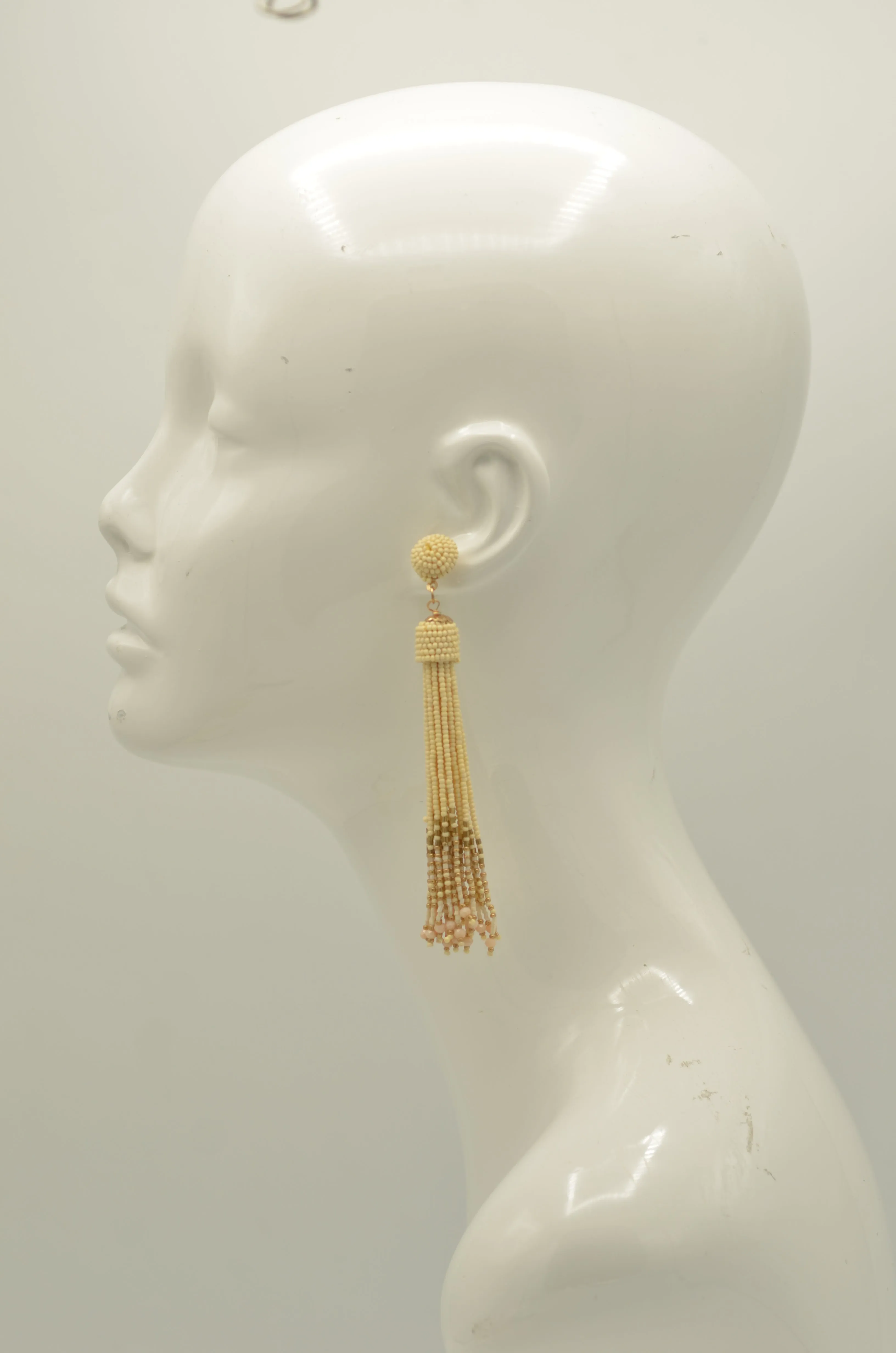 Ivory and Gold Bohemian Seed Bead Long Tassel Earrings #ER-1184