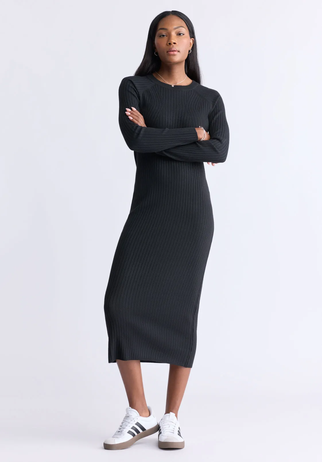 Jaida Women’s Long Sleeve Rib Knit Dress, Black - SD0004F