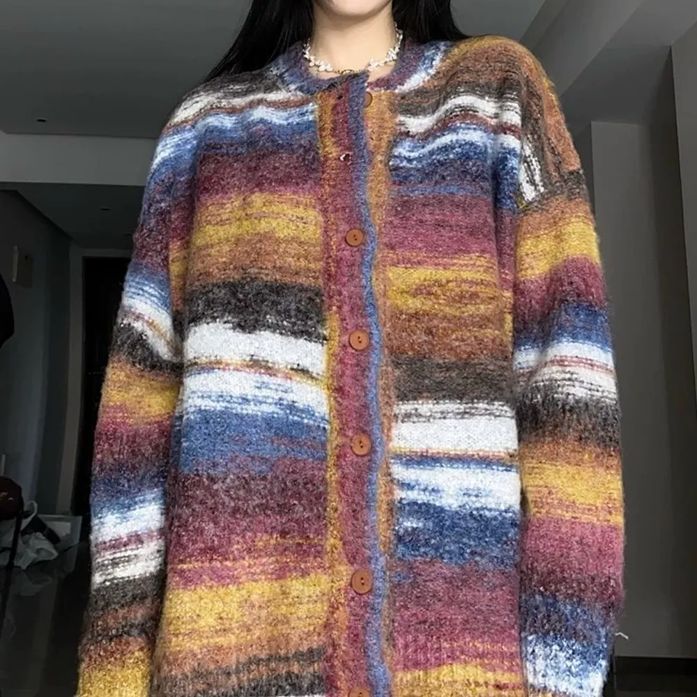 Japanese Retro Gradient Stripes Cardigan Sweater