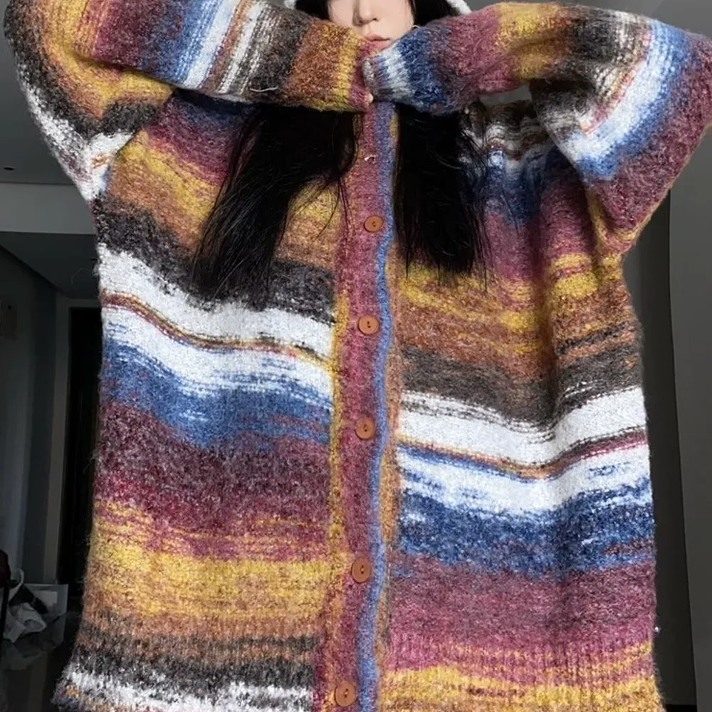 Japanese Retro Gradient Stripes Cardigan Sweater
