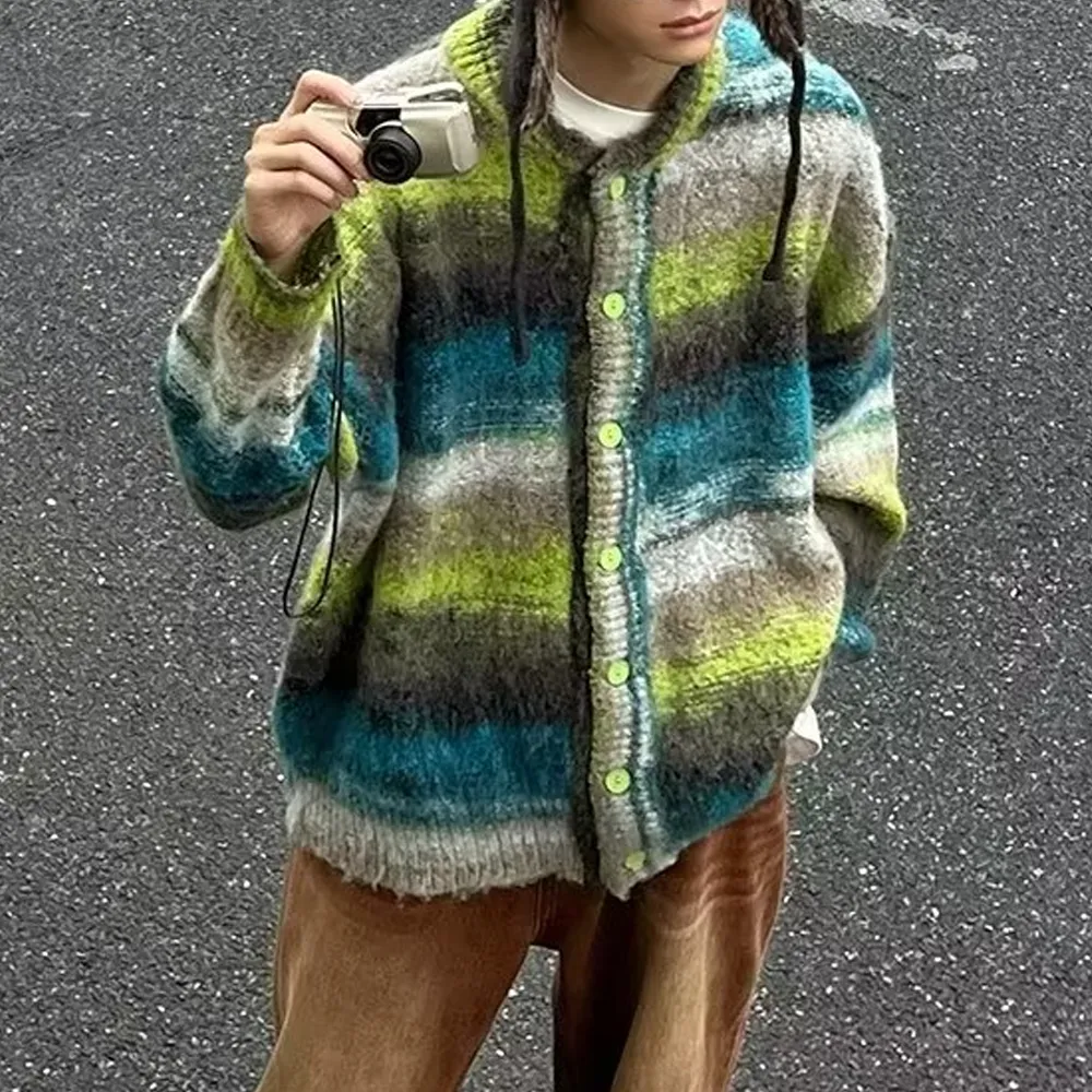 Japanese Retro Gradient Stripes Cardigan Sweater