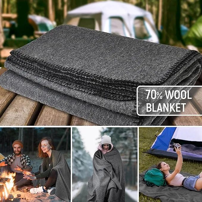 JMR Wool Camping Blanket - Warm Heavy Car Blanket & Camp Quilt - Survival Emergency Blanket for Sleeping Outdoors - Multi-Use Wool Blanket for Camping, Car & Home - 70% Wool, Grey, 62X84, Case of 10