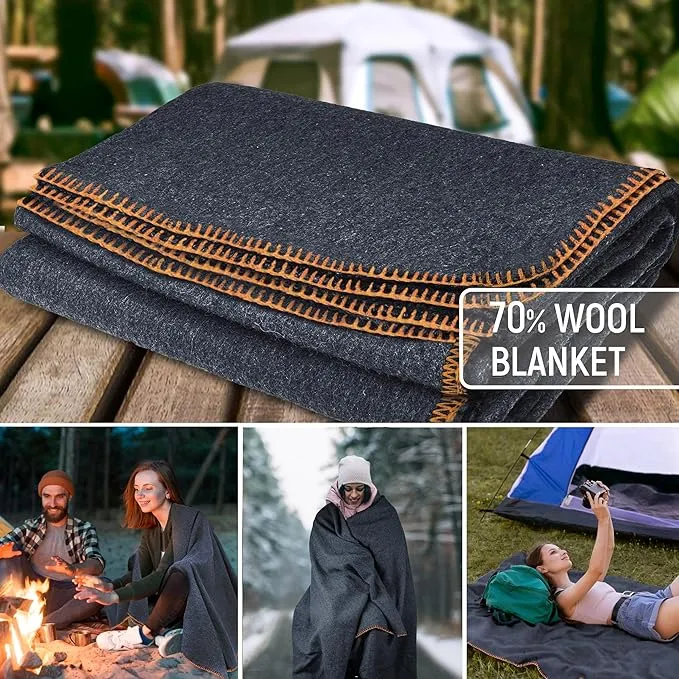 JMR Wool Camping Blanket - Warm Heavy Car Blanket & Camp Quilt - Survival Emergency Blanket for Sleeping Outdoors - Multi-Use Wool Blanket for Camping, Car & Home - 80% Wool, Navy, 66X90, Case of 10